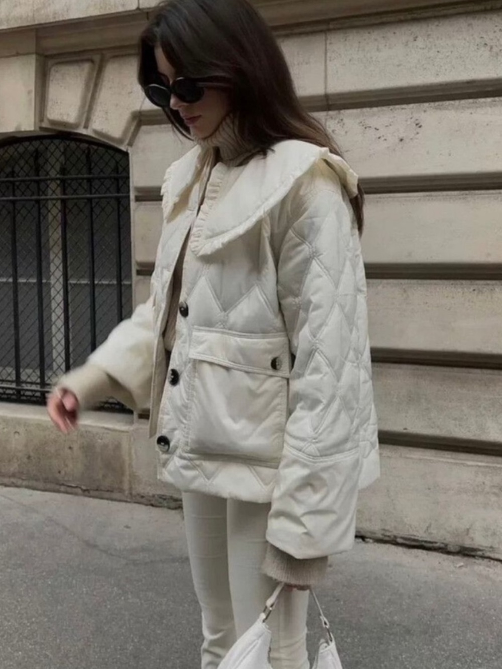 Ganni Cream Peter Pan Collar Bow Quilted Boxy Fit Cream Slick Jacket size 36